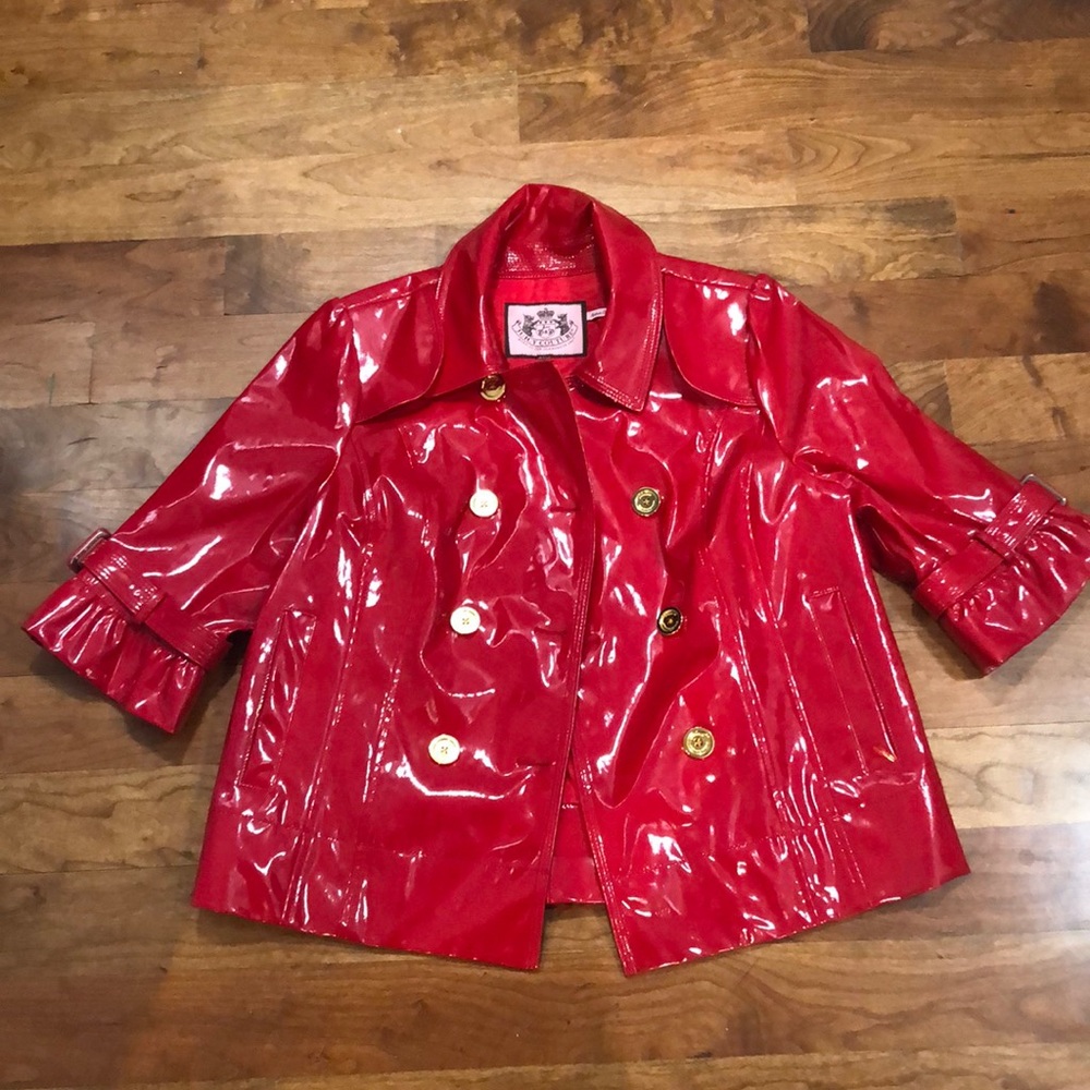 JUICY COUTURE Red Patent Leather Gold Logo Button Rain Coat/Jacket